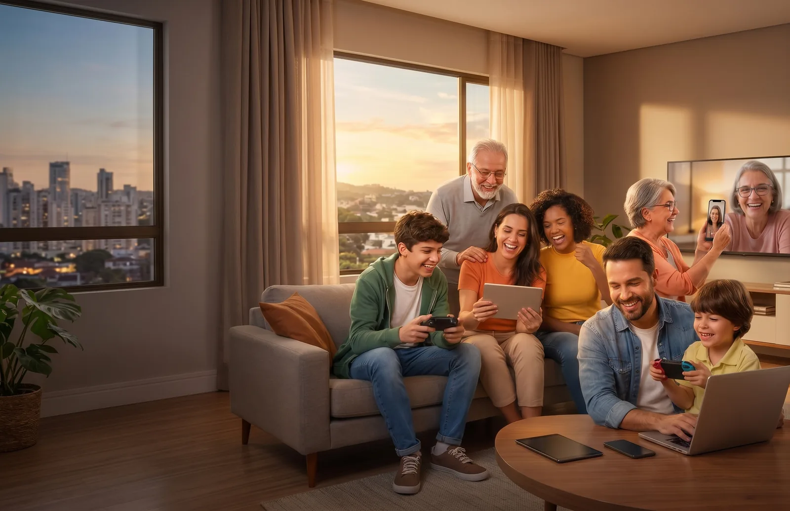 Família reunida na sala usando tablet, videochamada e jogos com internet da MAP